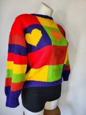 Funky Bright Multicolour Handmade Knit Sweater w Blocks + Hearts